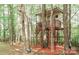 Whimsical outdoor space features a treehouse and a swing hanging from a mature tree at 4410 Laurel Twig Ct, Charlotte, NC 28215