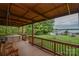 Covered porch with a porch swing, hot tub and beautiful views of the landscaped yard and lake at 7942 Vista View Dr, Sherrills Ford, NC 28673