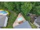 An aerial view of a private backyard with a pool, patio, and lush landscaping, creating a serene outdoor oasis at 968 Autumn Glen Ct, Clover, SC 29710