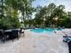 Inviting backyard pool area with ample seating for entertaining and lush landscaping at 19409 Laurel Glen Ave, Cornelius, NC 28031
