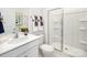 Modern bathroom with glass-enclosed shower, sleek fixtures, and elegant vanity at 414 Janie Nw Cir, Newton, NC 28658