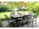 Outdoor dining on patio surrounded by lush greenery and a glimpse of the pool at 425 Roselawn Pl, Charlotte, NC 28211