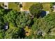 An aerial view of a verdant, tree-filled landscape enveloping a cozy home, exuding peacefulness and a sense of seclusion at 619 Archibald Rd, Concord, NC 28025