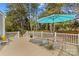 Outdoor backyard deck with a table, chairs and blue umbrella for sun protection at 7923 Mountain Shore Dr, Sherrills Ford, NC 28673