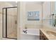 Beautiful bathroom featuring a walk-in shower and soaking tub at 7923 Mountain Shore Dr, Sherrills Ford, NC 28673