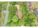 An aerial view of the property, showcasing a lovely, tree-filled lot with a long driveway and ample privacy at 8368 Fairfield Forest Rd, Denver, NC 28037