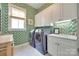 Stylish laundry room featuring patterned wallpaper, modern appliances, and ample cabinet space at 117 Mills Ln, Fort Mill, SC 29708