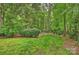 Private backyard with mature trees, manicured lawn, and a wrought iron fence at 12028 Royal Lytham Ct, Charlotte, NC 28277