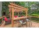 Back deck featuring outdoor dining furniture, a pergola, and surrounded by lush greenery at 13312 Edgetree Dr, Pineville, NC 28134