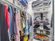 A well-organized walk-in closet with shelving for clothes and accessories, and light gray flooring at 13914 Loch Loyal Dr, Charlotte, NC 28273