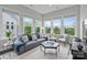Bright living room with large windows, modern furniture, and a view of lush greenery at 14218 Morningate St, Huntersville, NC 28078