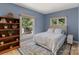 Charming bedroom featuring a patterned rug, bookcase, and light-blue walls with two windows at 17112 Green Dolphin Ln, Cornelius, NC 28031