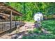 Backyard with an outdoor seating area, including a pergola, fire pit, and a storage shed at 3810 Springway Dr, Gastonia, NC 28056