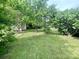 Spacious backyard featuring lush green grass, mature trees, a windmill, and a storage shed at 601 Scottsbrook Dr, Charlotte, NC 28213