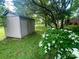 Backyard featuring a storage shed, flowering dogwood bush, and lush green grass at 601 Scottsbrook Dr, Charlotte, NC 28213