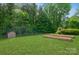 Large backyard with a shed, garden beds, and lush greenery at 7128 Rock Bass Ct, Concord, NC 28025