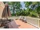 Wooden deck featuring a table, chairs, and lush green surroundings, offering a relaxing outdoor space at 814 Independence Dr, Wingate, NC 28174