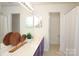 Bathroom with a white countertop, purple cabinets, and decorative wall decor at 8233 Christmas Ct, Charlotte, NC 28216