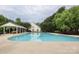 Inviting community pool with a shaded picnic area, surrounded by mature trees and greenery at 8233 Christmas Ct, Charlotte, NC 28216