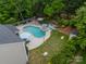 Stunning backyard with a pool, spa, patio, and lush landscaping, creating a private oasis for relaxation and entertainment at 8707 Darcy Hopkins Dr, Charlotte, NC 28277