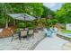 Lush backyard featuring a stone patio with a dining table, outdoor seating, and beautiful landscaping, creating a serene retreat at 8707 Darcy Hopkins Dr, Charlotte, NC 28277