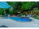 Lush backyard displaying a beautiful pool, elegant outdoor seating, and mature landscaping at 8707 Darcy Hopkins Dr, Charlotte, NC 28277