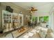 Bright sunroom features comfortable seating, a ceiling fan, TV, and views of the outdoor space, perfect for relaxation at 8707 Darcy Hopkins Dr, Charlotte, NC 28277