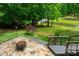 Multi-level backyard with a stone patio, fire pit, and charming footbridge at 9013 Yellow Pine Ct, Waxhaw, NC 28173