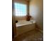 A luxurious soaking tub next to a patterned glass block window at 121 Marcella Dr, Kings Mountain, NC 28086