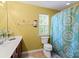 Bright bathroom featuring a vanity with white countertop, toilet, and shower with decorative curtain at 13502 Brandon Trail Dr, Charlotte, NC 28213
