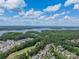 Scenic aerial view of neighborhood homes nestled amongst lush greenery with a lake and blue skies in the background at 16507 Palisades Commons Dr, Charlotte, NC 28278