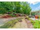 A backyard featuring terraced landscaping, a stone pathway, and an outdoor kitchen area with a grill at 16507 Palisades Commons Dr, Charlotte, NC 28278