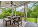 Inviting covered patio features an outdoor dining area with wooded views and a ceiling fan at 331 Anthony Cir, Charlotte, NC 28211