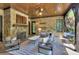 Inviting outdoor patio featuring a stone fireplace, ceiling fan, and comfortable seating at 809 Verney Ln, Charlotte, NC 28226