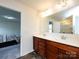 Bathroom vanity with double sinks, wooden cabinets, and a large mirror with access to bedroom at 1523 Loropetalum Rd, Charlotte, NC 28215