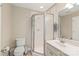 Functional bathroom featuring a walk-in shower, toilet, and vanity with sink at 1542 Crowders Woods Dr, Gastonia, NC 28052