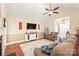Cozy living room featuring neutral tones, ceiling fan, fireplace, and comfortable seating arrangement at 1542 Crowders Woods Dr, Gastonia, NC 28052