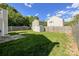Fenced backyard with green grass and storage shed, perfect for outdoor activities at 2713 Reid Meadows Dr, Charlotte, NC 28208