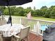Outdoor dining set on deck with an umbrella and view of backyard at 3300 Luke Ct, Monroe, NC 28112