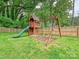 Wooden playset with slide and swingset in a grassy, fenced backyard with mature trees at 3610 Mill Pond Rd, Charlotte, NC 28226