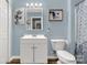 Charming bathroom featuring a modern vanity, toilet, and fun cow-themed artwork on a blue wall at 522 Kittiewake Ln, Clover, SC 29710