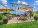 Spacious backyard with a brick patio, outdoor furniture, and lush landscaping at 5420 Meadowcroft Way, Fort Mill, SC 29708