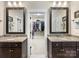 Bathroom with dual vanities, granite countertops, and view into walk in closet at 601 Dorothy Dr, Charlotte, NC 28203
