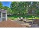 Backyard featuring a brick patio with a fire pit, and well-manicured landscaping at 9209 Cameron Wood Dr, Charlotte, NC 28210