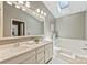 Bright bathroom with a soaking tub, skylight, double sinks, and a large mirror, creating a spa-like experience at 9209 Cameron Wood Dr, Charlotte, NC 28210