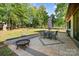 Spacious backyard featuring a stone patio with a fire pit, an outdoor dining table, and mature shade trees at 4608 Rockwood Dr, Waxhaw, NC 28173