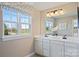 Elegant bathroom featuring double vanity sinks, a large window, and modern fixtures at 511 Lenswood Ct, Denver, NC 28037