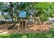 A backyard playset with a slide, swing, and climbing ladder sits ready for hours of fun at 606 Deer Creek Dr, Matthews, NC 28105