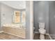 Serene bathroom featuring a jetted tub, toilet, and wood-style flooring next to a dividing doorway at 109 Arabian Ln, Salisbury, NC 28147