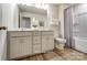 Well-lit bathroom with double vanity, modern fixtures, and wood look flooring for a spa-like experience at 2526 Mabel Ln, Monroe, NC 28110